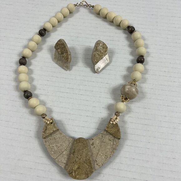 Handmade ~20" Quartz Granite Stone Gold Tone Statement Necklace And Earrings Vtg - Picture 14 of 14